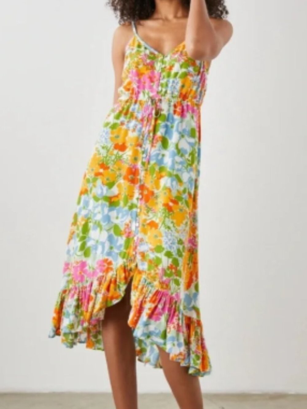 Rails Frida Floral Button-Front Midi Sundress Ruffle Hem Spaghetti Strap